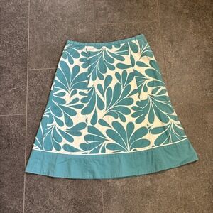 Boden fan print teal blue and white A-line knee length skirt size 6